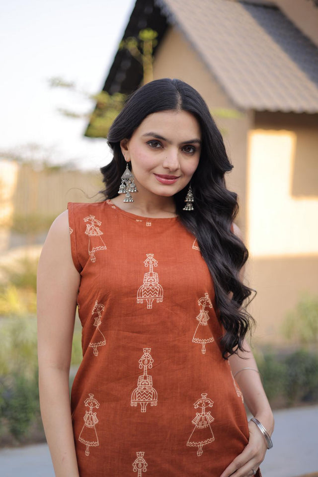 Rust Printed Cotton Kurti Pant Set (ACA7433)