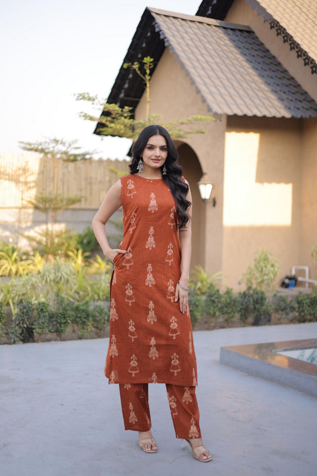 Rust Printed Cotton Kurti Pant Set (ACA7433)
