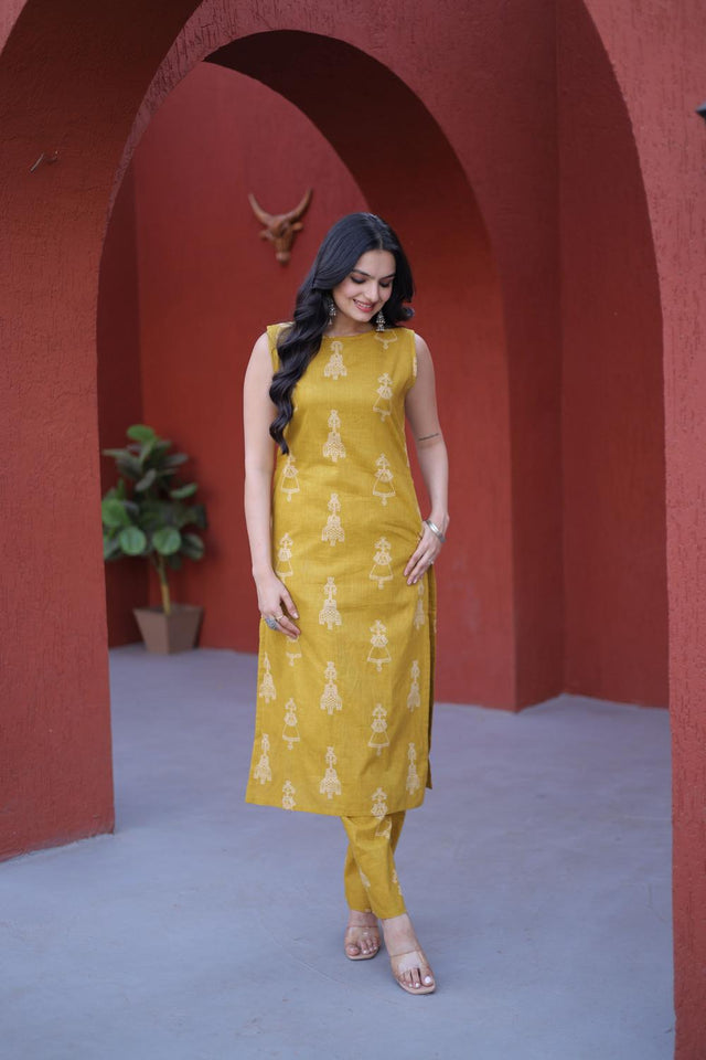 Mustard Printed Cotton Kurti Pant Set (ACA7434)