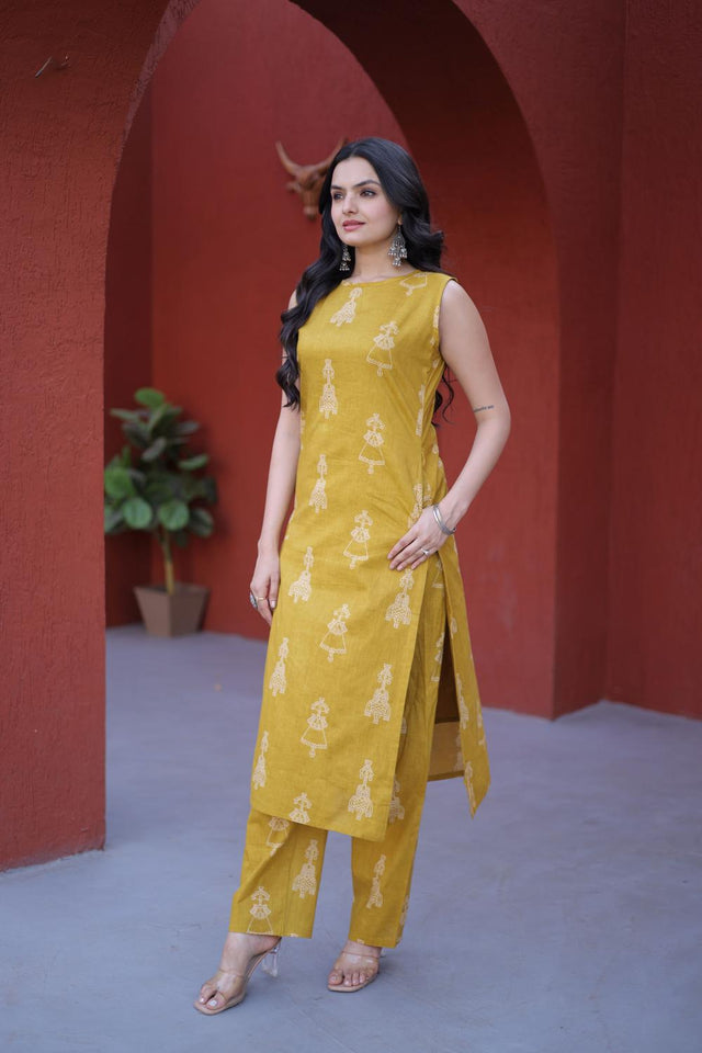 Mustard Printed Cotton Kurti Pant Set (ACA7434)