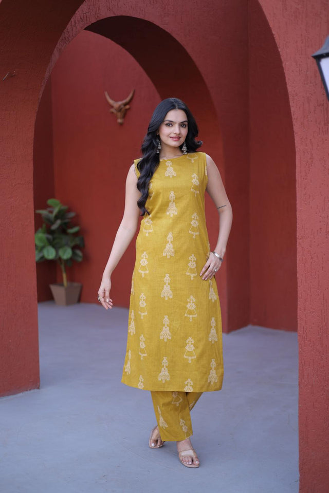 Mustard Printed Cotton Kurti Pant Set (ACA7434)