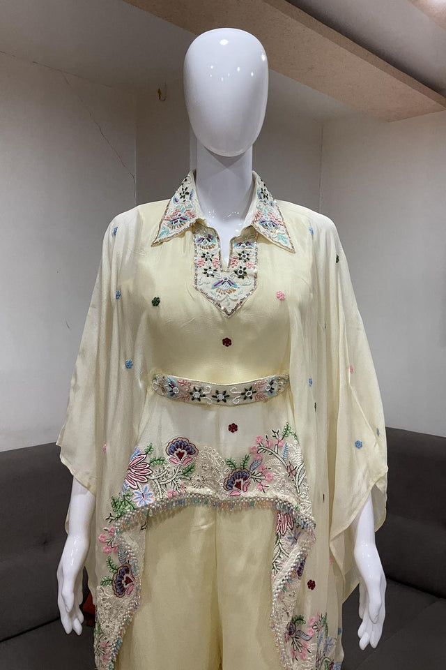 Cream Floral Embroidered Chinon Palazzo Suit (ACA7436)