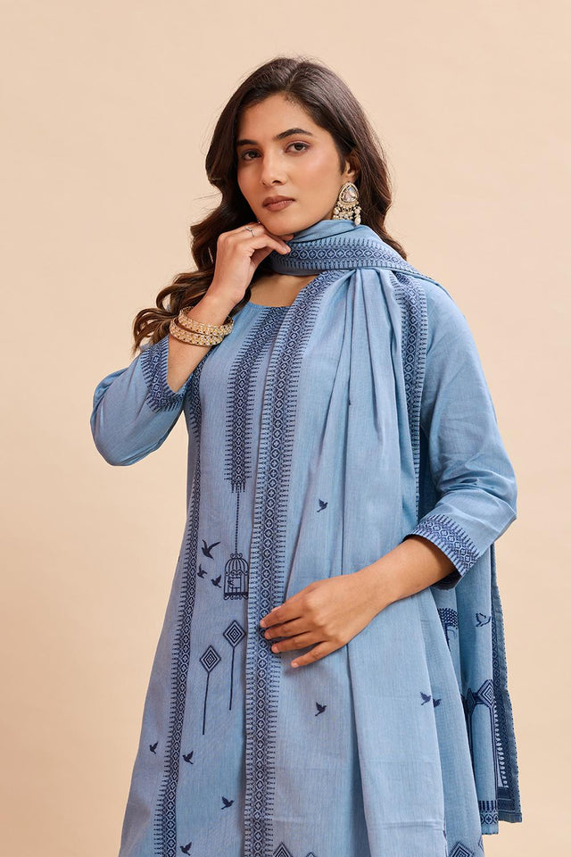 Blue Woven Cotton Kurti Pant Set (ACA7438)