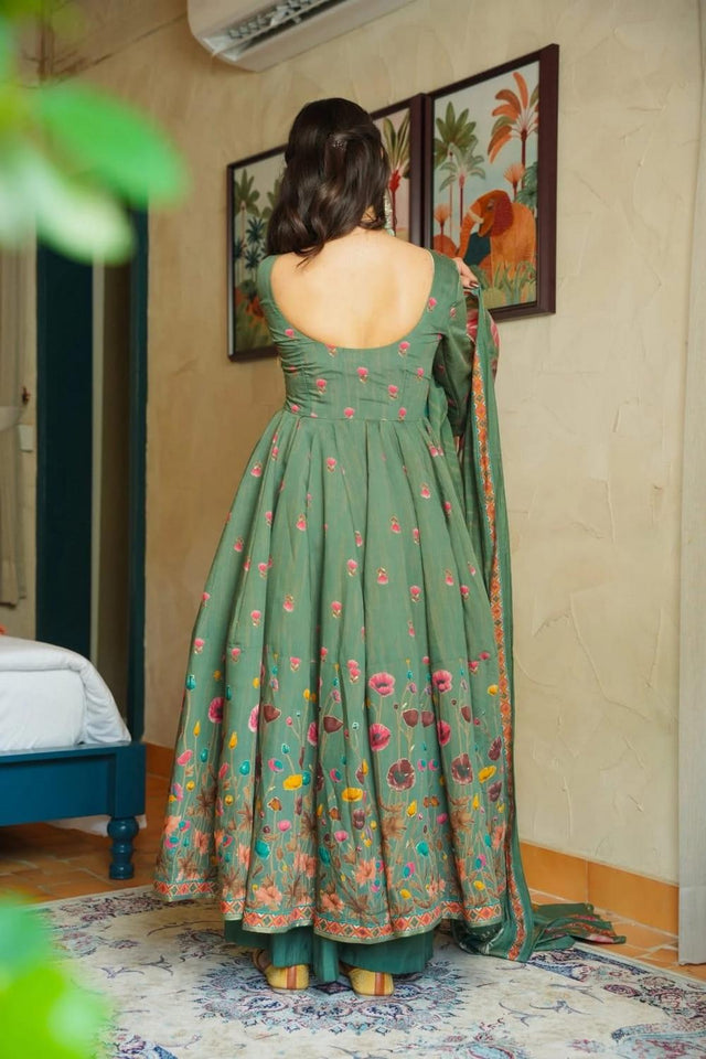 Green Floral Printed Muslin Anarkali Suit (ACA7439)