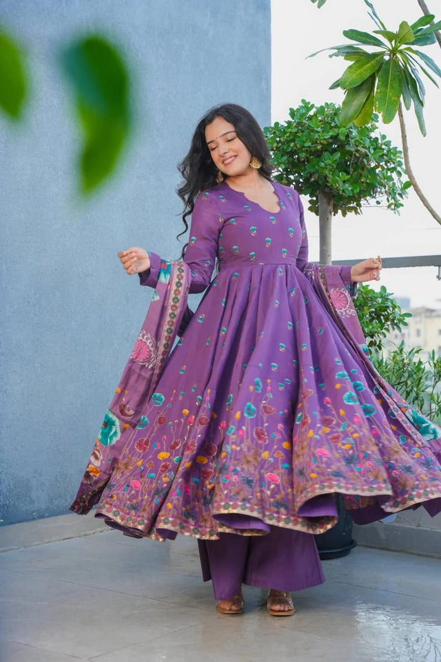Lavender Floral Printed Muslin Anarkali Suit (ACA7440)