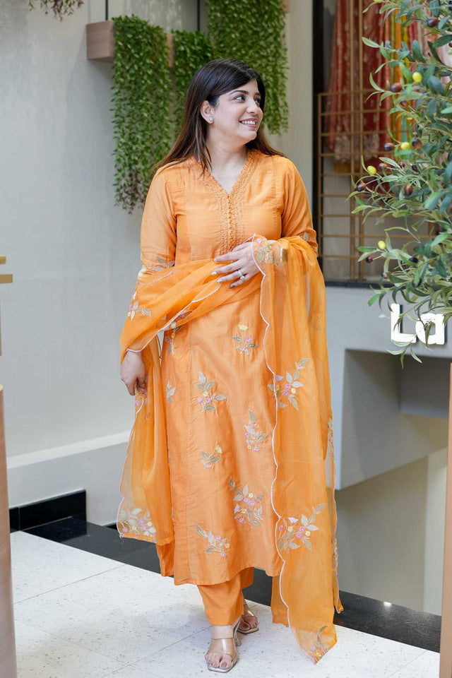 Orange Floral Embroidered Muslin Straight Cut Suit (ACA7441)
