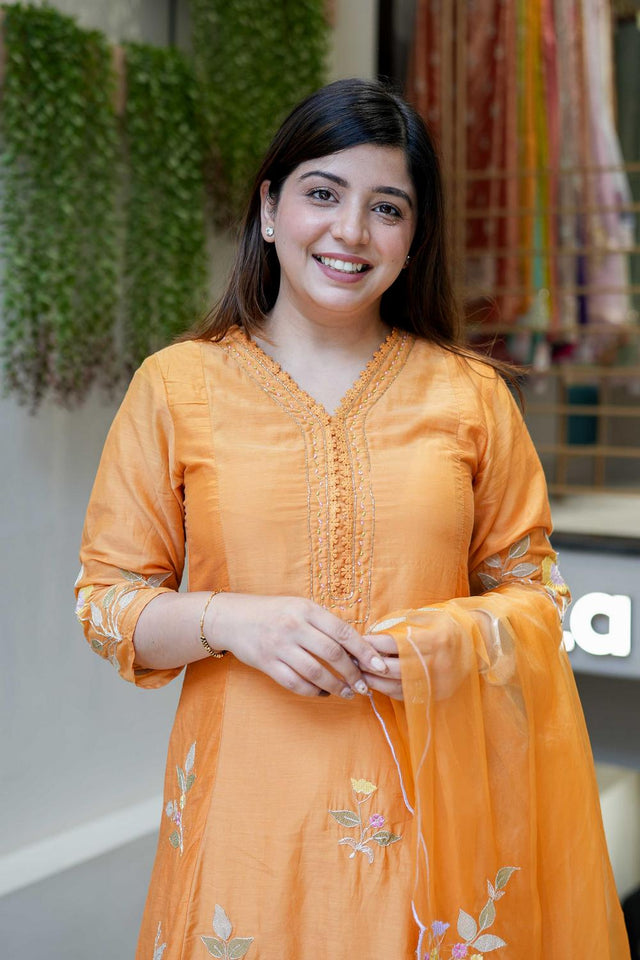 Orange Floral Embroidered Muslin Straight Cut Suit (ACA7441)