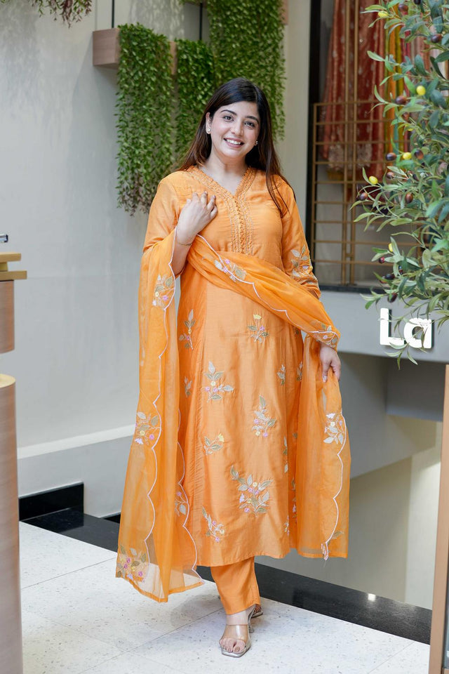 Orange Floral Embroidered Muslin Straight Cut Suit (ACA7441)