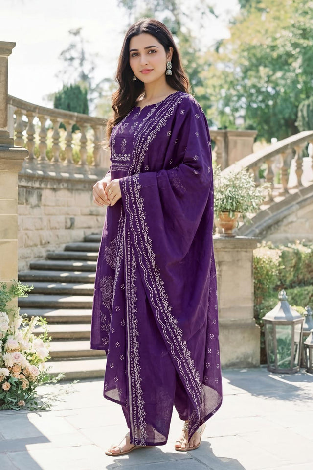 Violet Printed Muslin Straight Cut Suit (ACA7442)