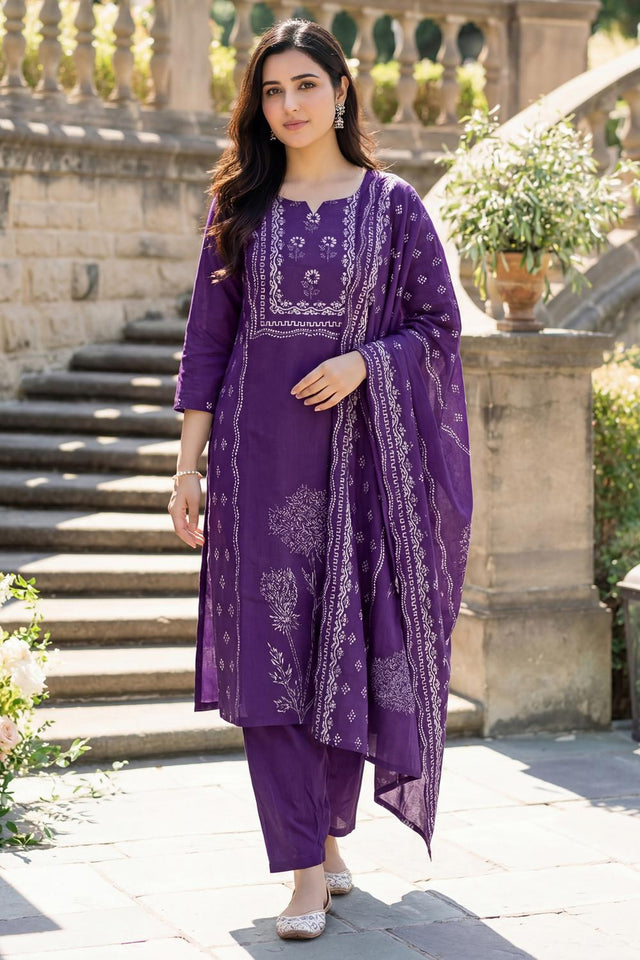Violet Printed Muslin Straight Cut Suit (ACA7442)