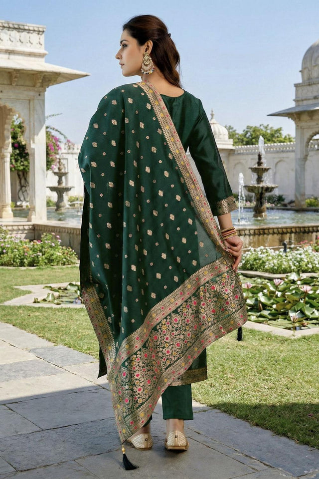 Green Floral Embroidered Art Silk Straight Cut Suit (ACA7445)