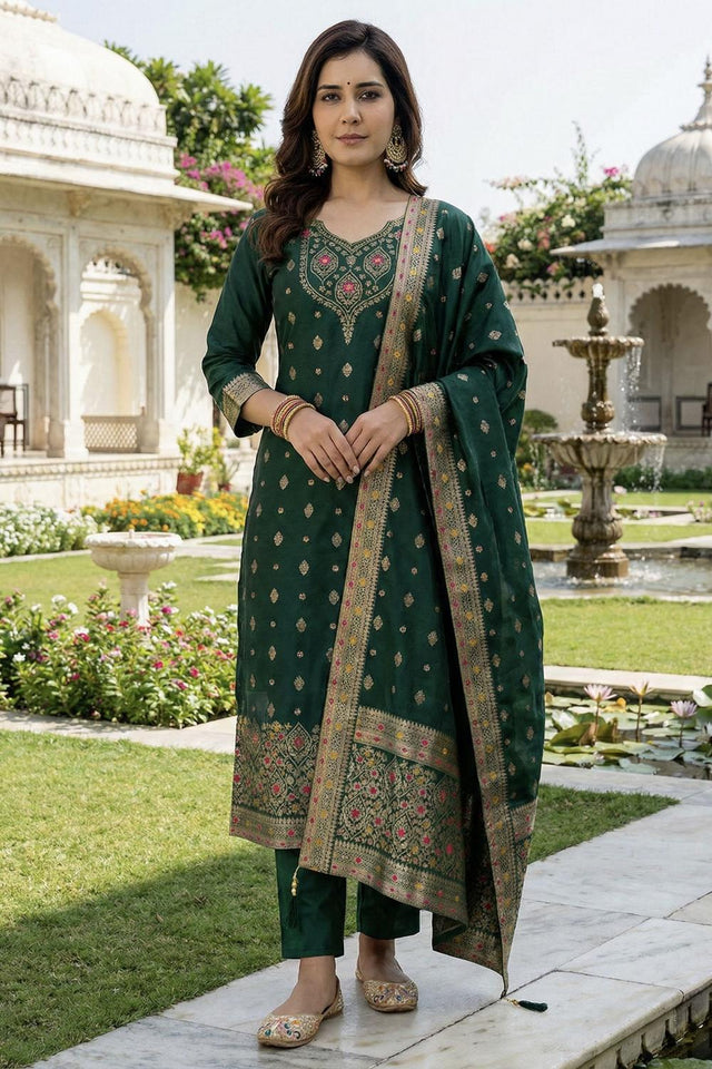 Green Floral Embroidered Art Silk Straight Cut Suit (ACA7445)