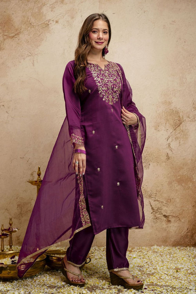 Wine Floral Embroidered Chanderi Straight Cut Suits (ACA7448)