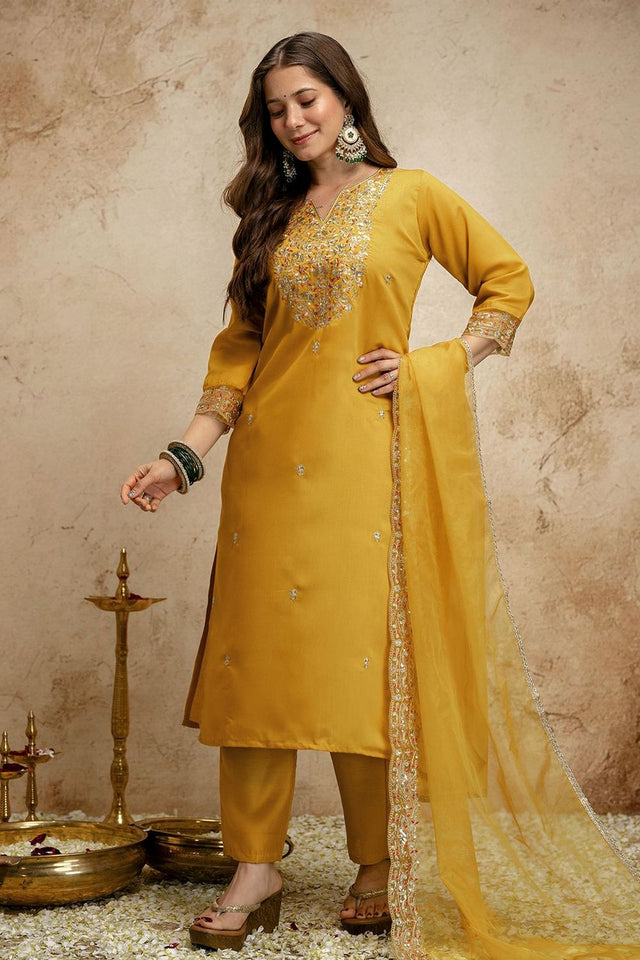 Yellow Floral Embroidered Chanderi Straight Cut Suit (ACA7449)