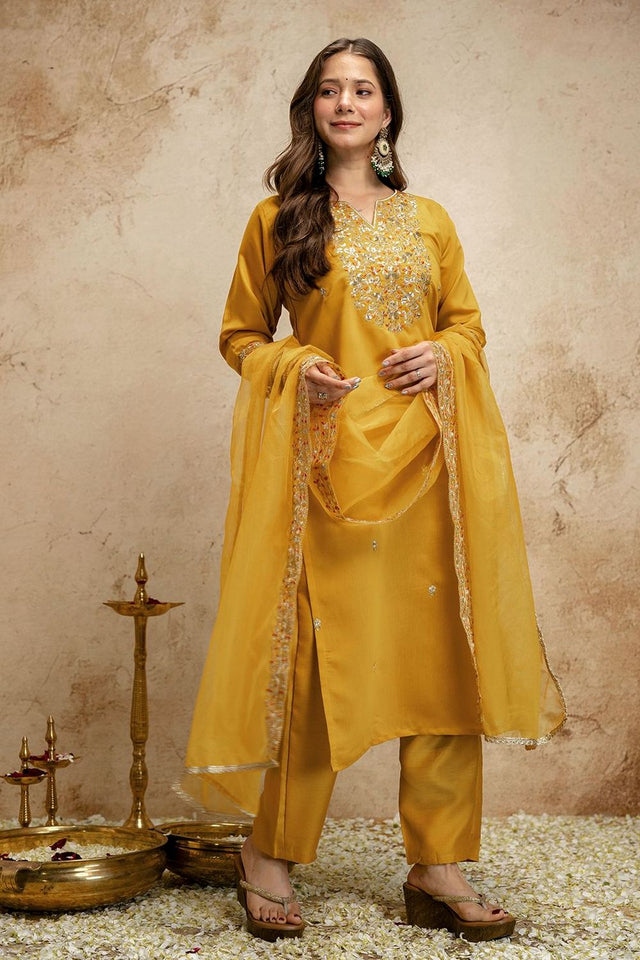 Yellow Floral Embroidered Chanderi Straight Cut Suit (ACA7449)