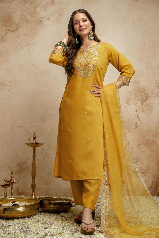 Yellow Floral Embroidered Chanderi Straight Cut Suit (ACA7449)