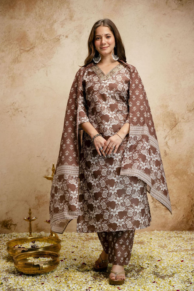 Brown Floral Printed Cotton Straight Cut Suit (ACA7450)