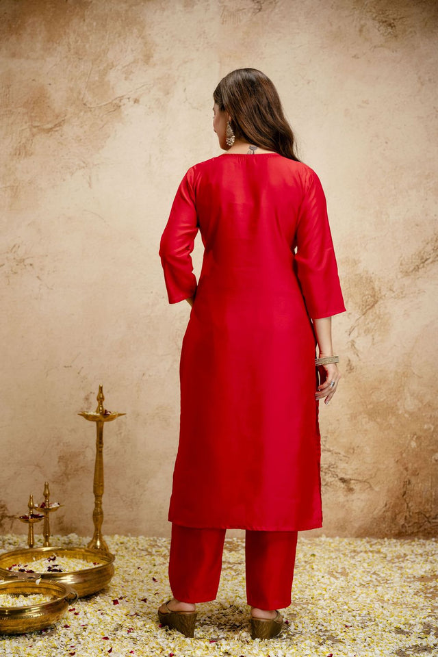 Red Floral Embroidered Chanderi Straight Cut Suits (ACA7451)