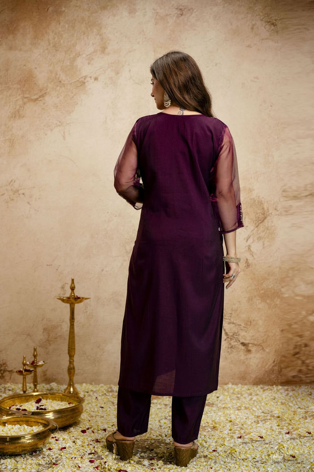 Wine Floral Embroidered Chanderi Straight Cut Suit (ACA7452)