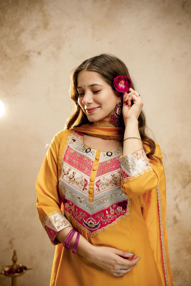 Yellow Floral Embroidered Chanderi Straight Cut Suit (ACA7453)