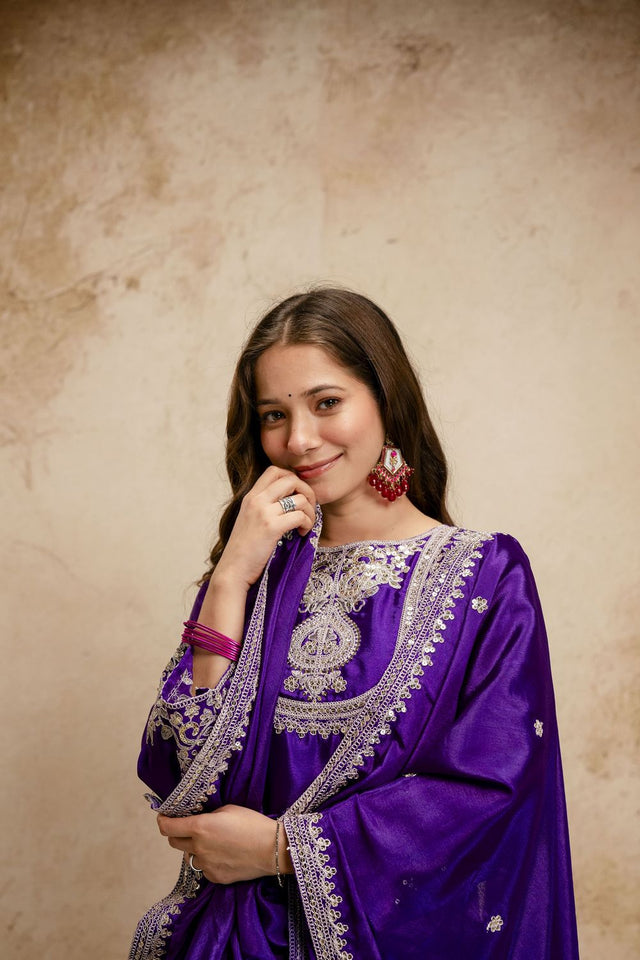Purple Floral Embroidered Chinon Straight Cut Suits (ACA7454)