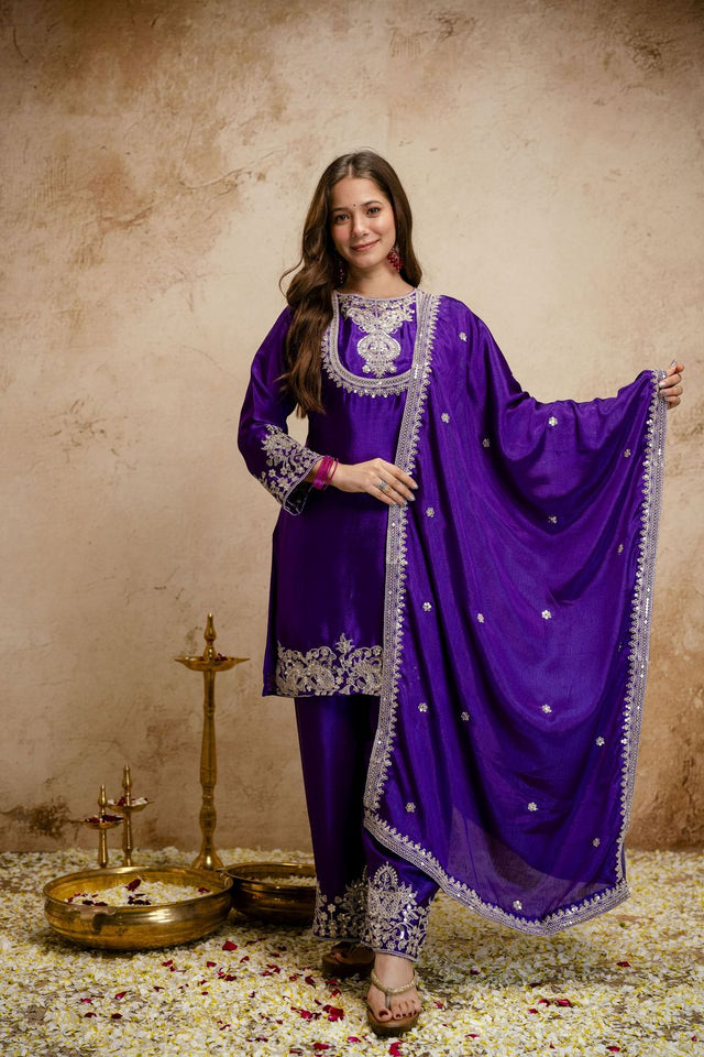 Purple Floral Embroidered Chinon Straight Cut Suits (ACA7454)