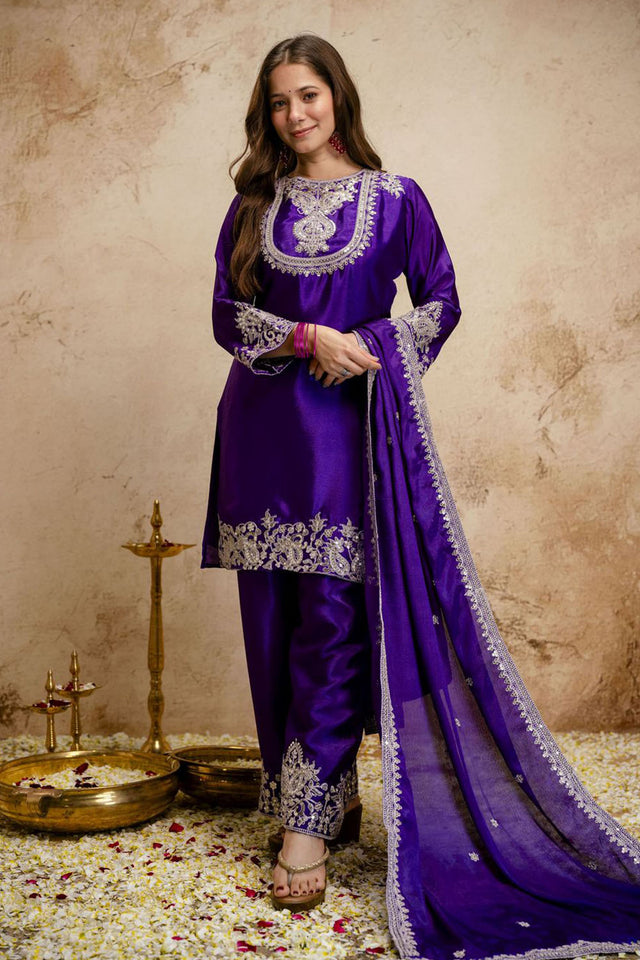 Purple Floral Embroidered Chinon Straight Cut Suits (ACA7454)