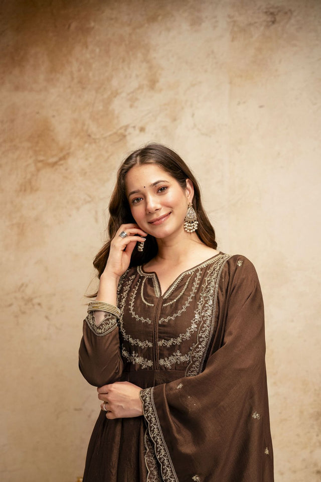 Brown Floral Embroidered Silk Anarkali Suit (ACA7455)