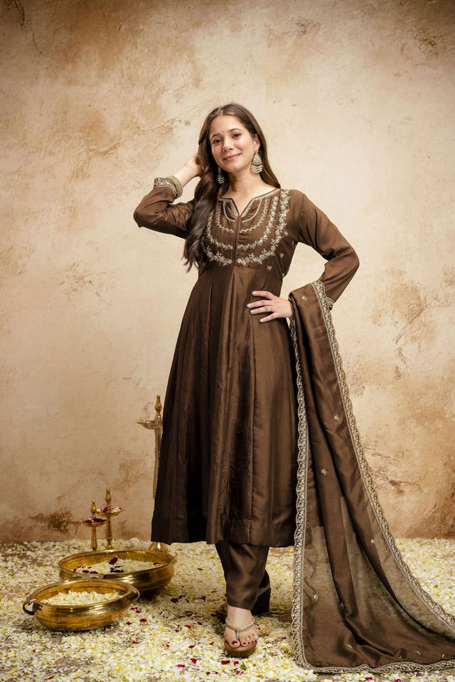 Brown Floral Embroidered Silk Anarkali Suit (ACA7455)