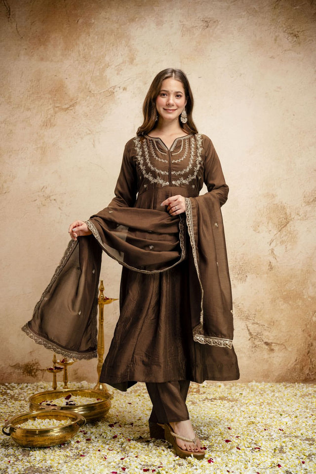 Brown Floral Embroidered Silk Anarkali Suit (ACA7455)