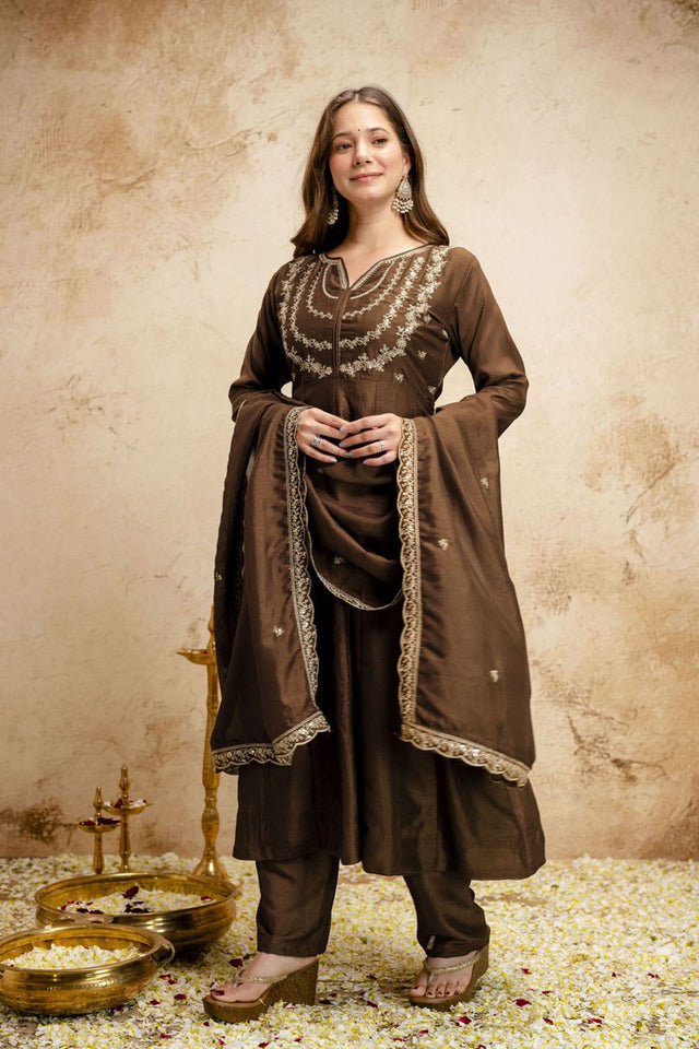 Brown Floral Embroidered Silk Anarkali Suit (ACA7455)