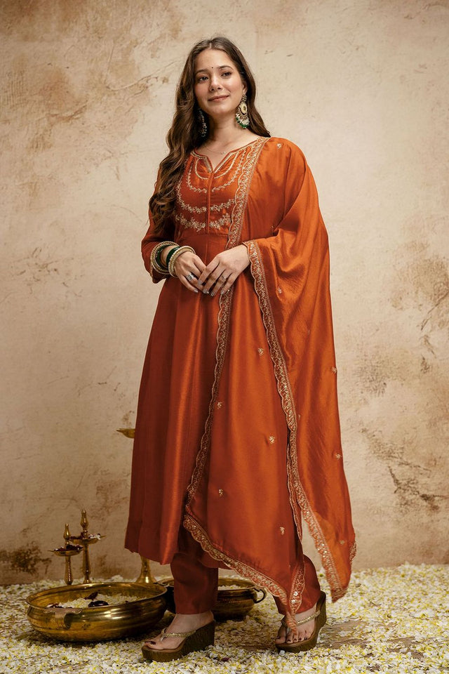 Rust Floral Embroidered Silk Anarkali Suit (ACA7456)