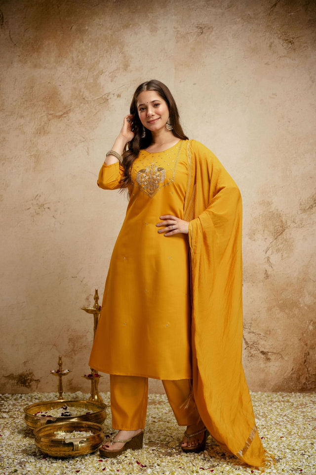 Yellow Floral Embroidered Chanderi Straight Cut Suit (ACA7457)