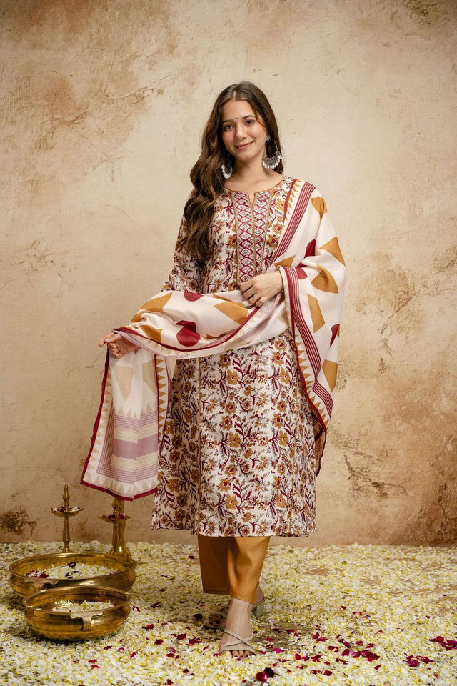 Cream Floral Printed Cotton Straight Cut Suit (ACA7458)
