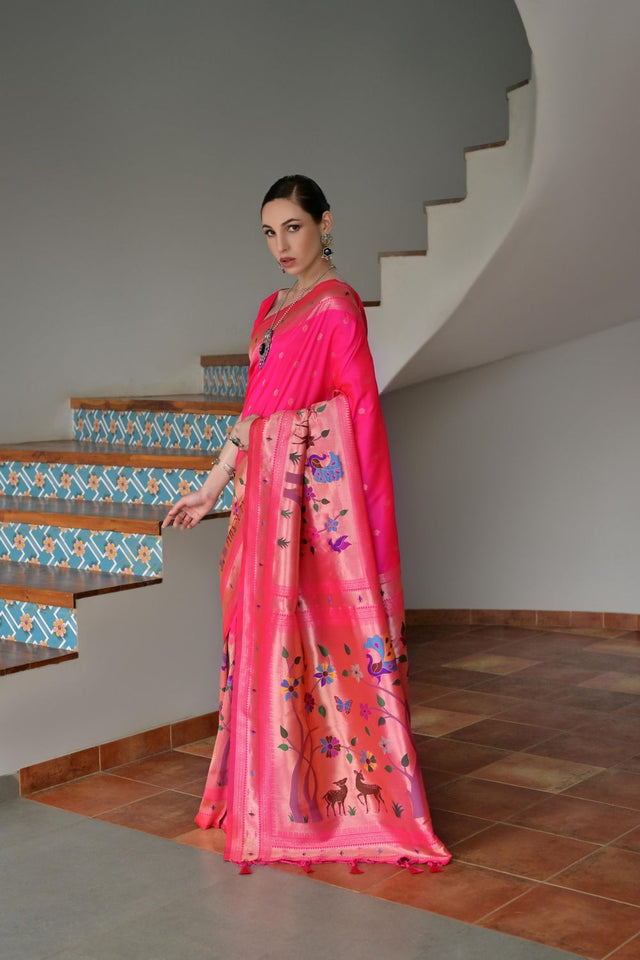 Pink Woven Silk Paithani Saree (ACA7461)