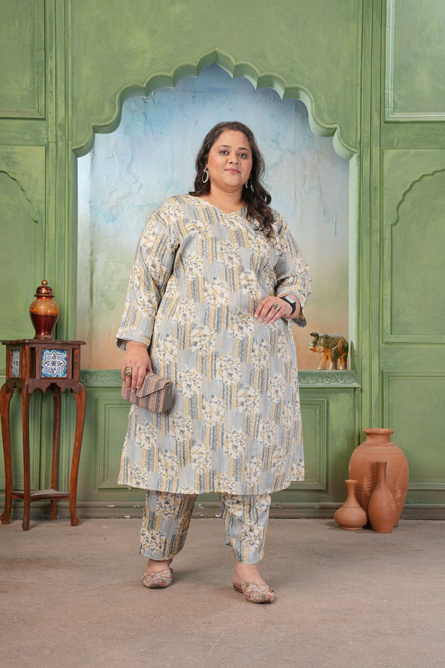 Grey Floral Printed Rayon Kurti Pant Set (ACA7478)