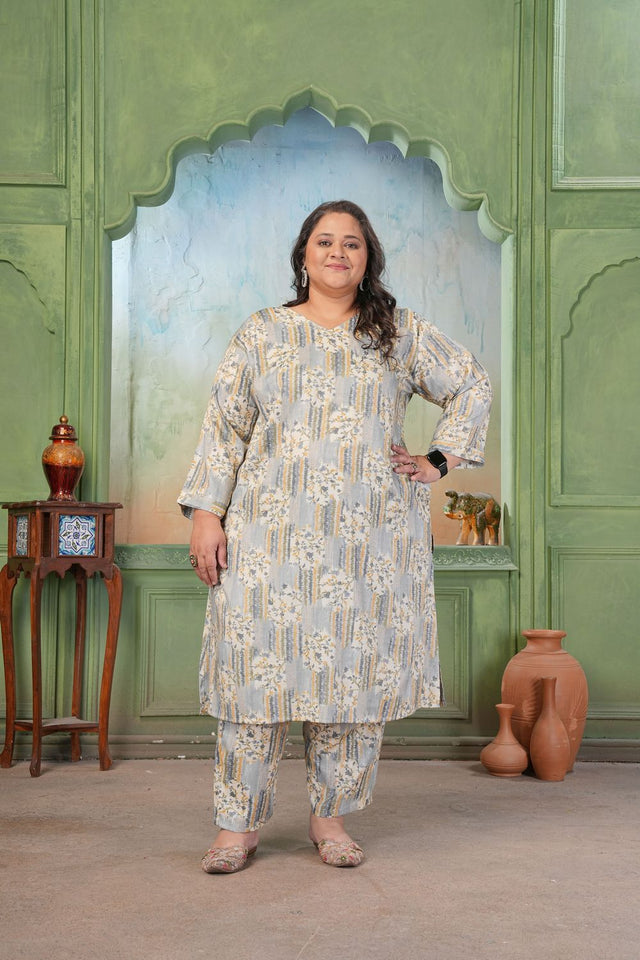 Grey Floral Printed Rayon Kurti Pant Set (ACA7478)