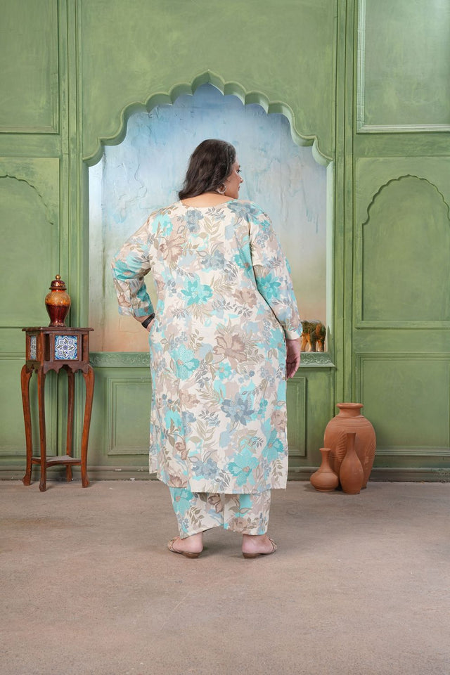 Sea Green Floral Printed Rayon Kurti Pant Set (ACA7483)