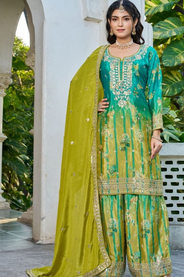 Free Size Stitched Olive Green Floral Embroidered Chinon Palazzo Suit (ACA7516)