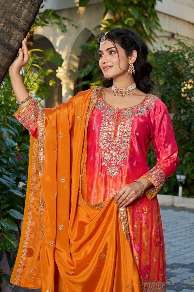 Free Size Stitched Orange Floral Embroidered Chinon Palazzo Suit (ACA7518)
