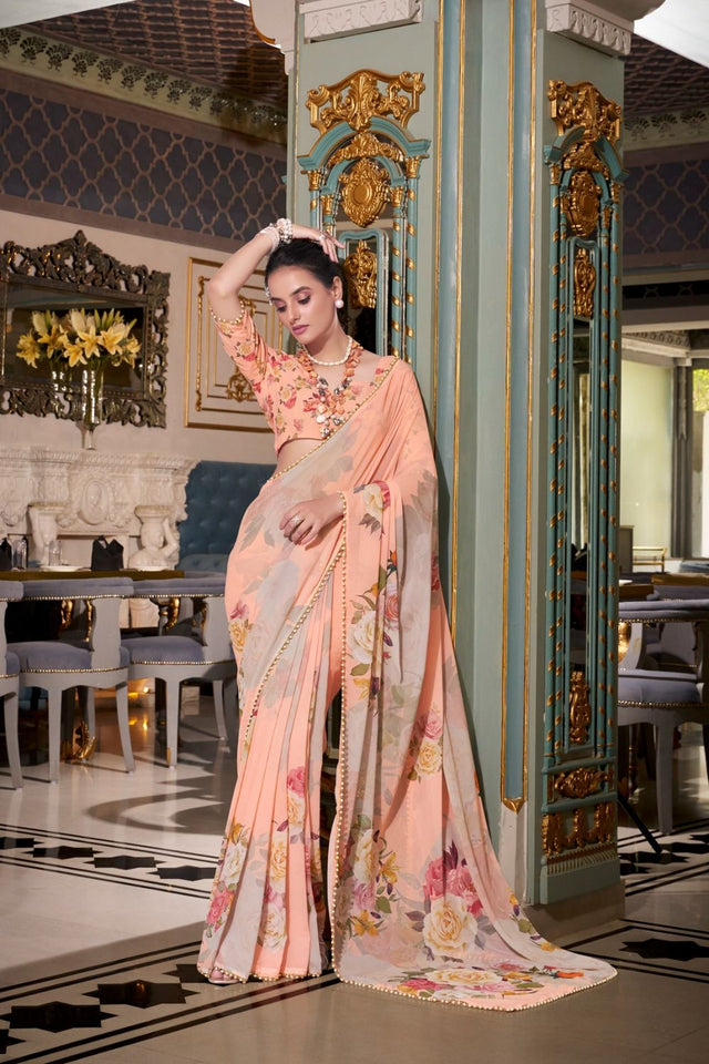 Peach Floral Printed with Pearl Border Georgette Saree (ACA7532)