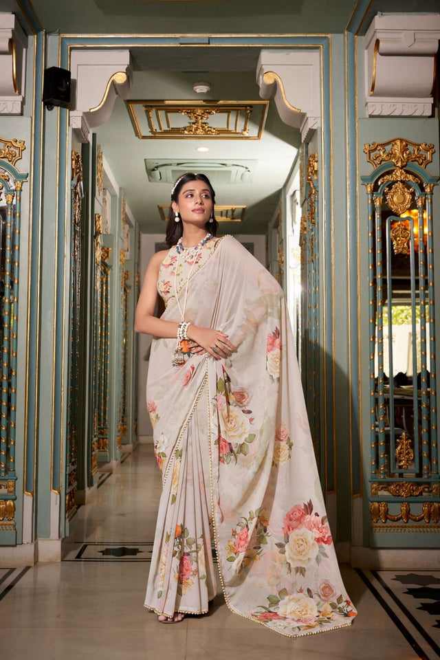 Off White Floral Printed with Pearl Border Georgette Saree (ACA7535)