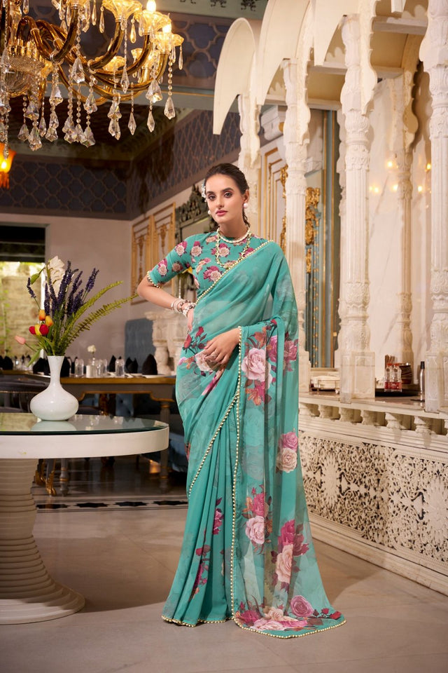 Green Floral Printed with Pearl Border Georgette Saree (ACA7536)