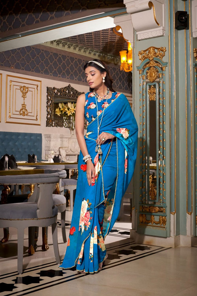 Turquoise Floral Printed with Pearl Border Georgette Saree (ACA7540)