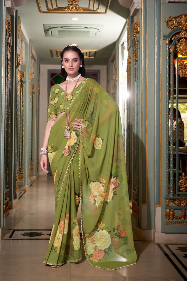 Mehendi Floral Printed with Pearl Border Georgette Saree (ACA7541)