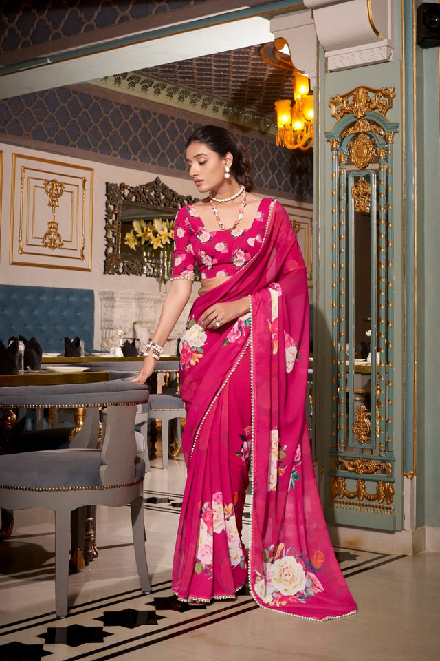 Pink Floral Printed with Pearl Border Georgette Saree (ACA7542)