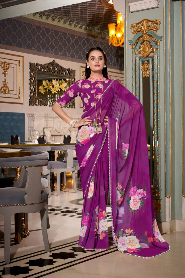 Violet Floral Printed with Pearl Border Georgette Saree (ACA7543)