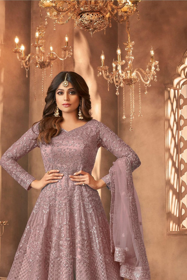 Mauve Sequin with Floral Embroiderd Net Anarkali Suit (ACA7548)
