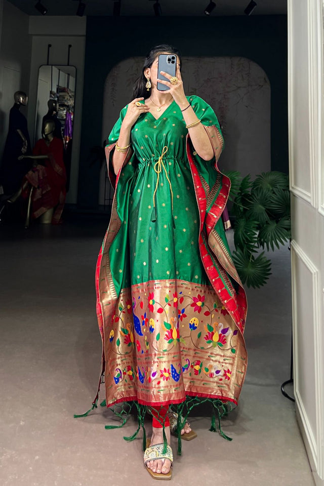 Green Paithani Woven Soft Silk Kaftaan Kurti Top (ACA7552)