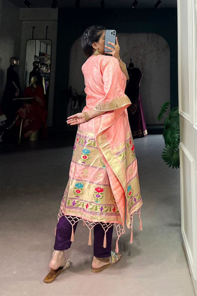 Peach Paithani Woven Soft Silk Kaftaan Kurti Top (ACA7553)